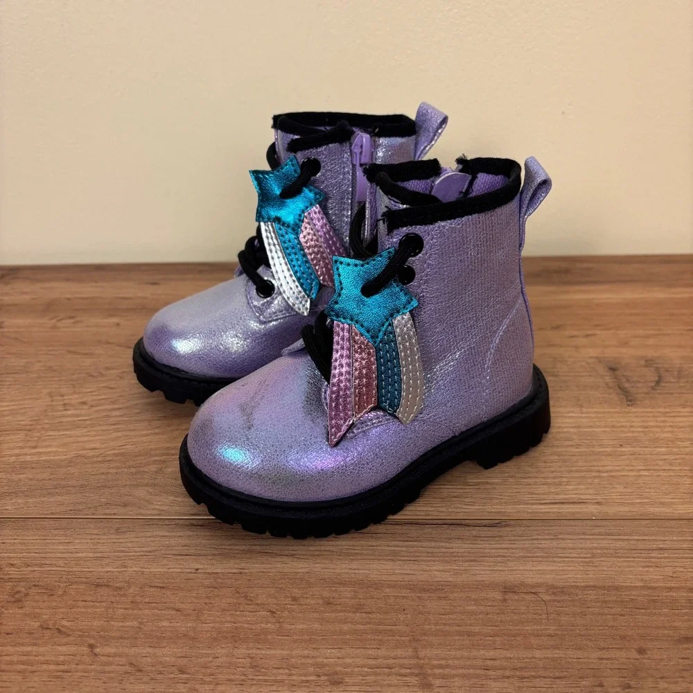 OLIVIA MILLER GIRL Crystal Sky Combat Boots Purple Kids Size 5 Metallic Lace Up